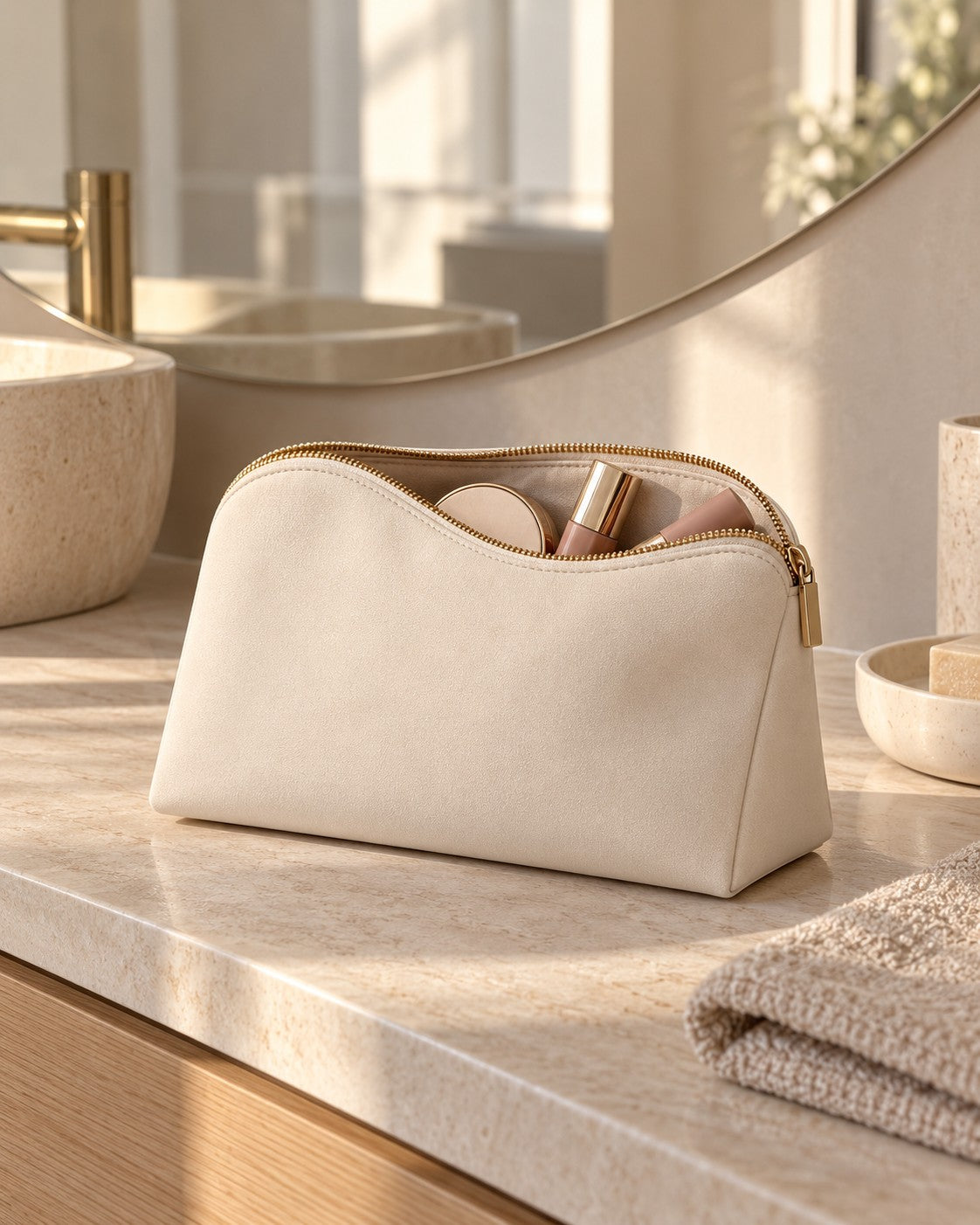 Ivory curved makeup bag with lipstick and compact on a bathroom vanity