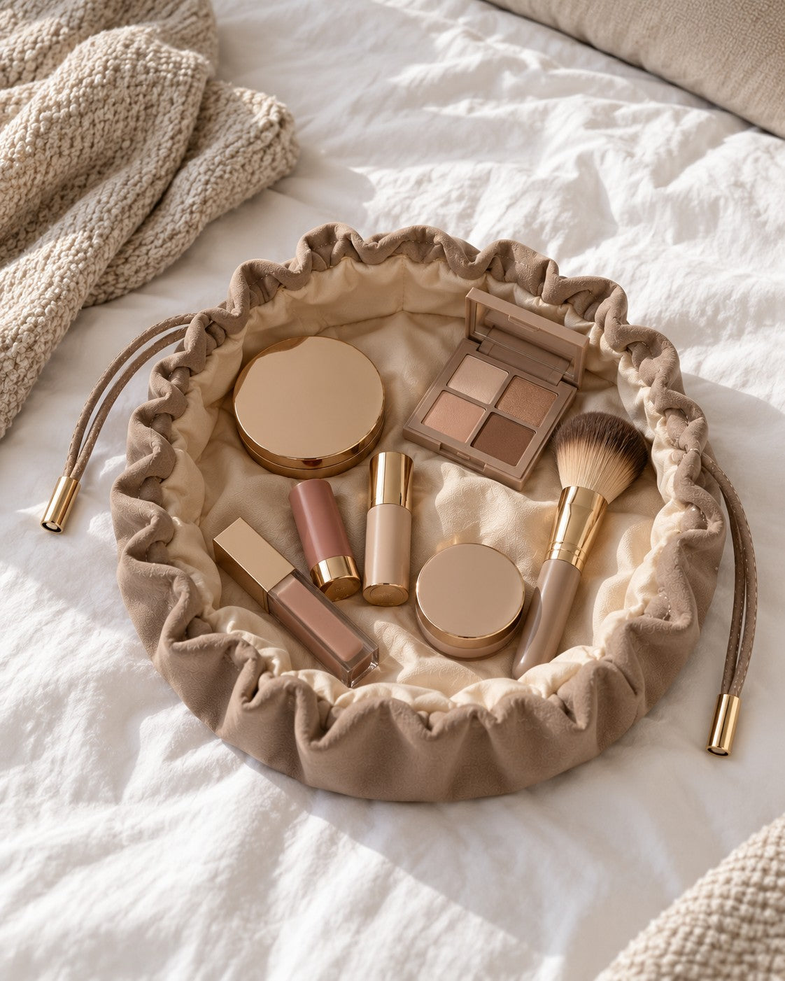 Taupe lay-flat makeup bag opened flat with makeup on a bed