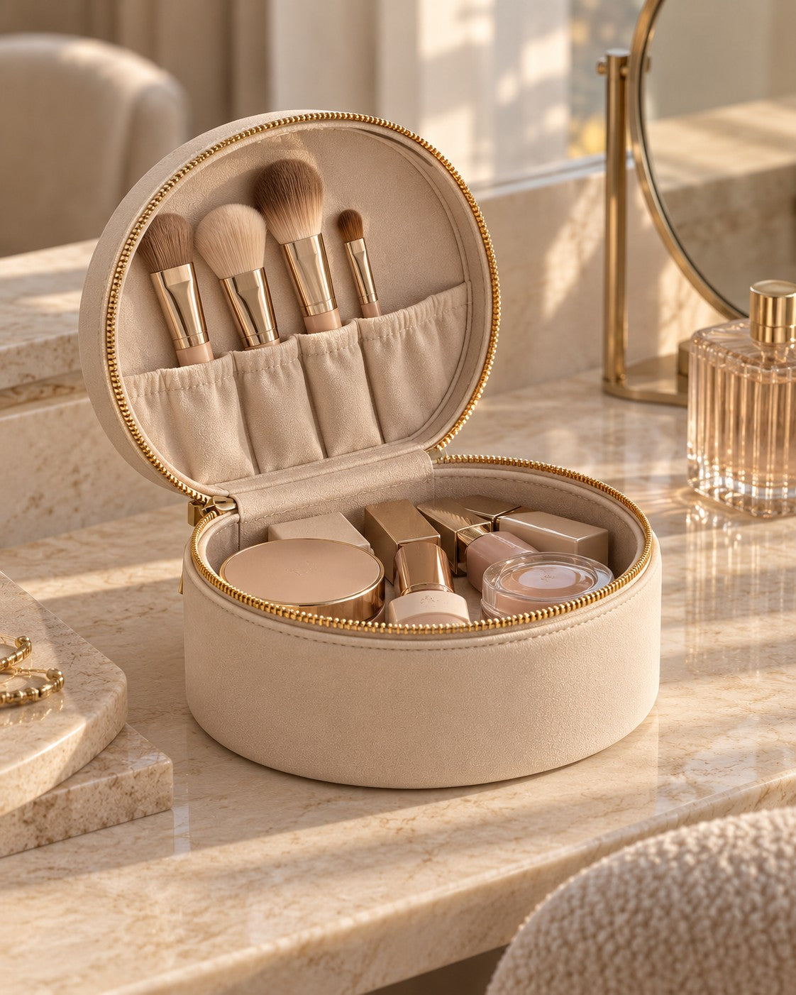 Open champagne round makeup case with brushes and makeup on a marble vanity