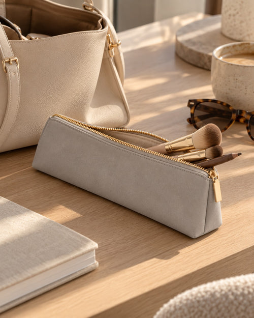 Dove grey brush pouch with makeup brushes on a wooden table