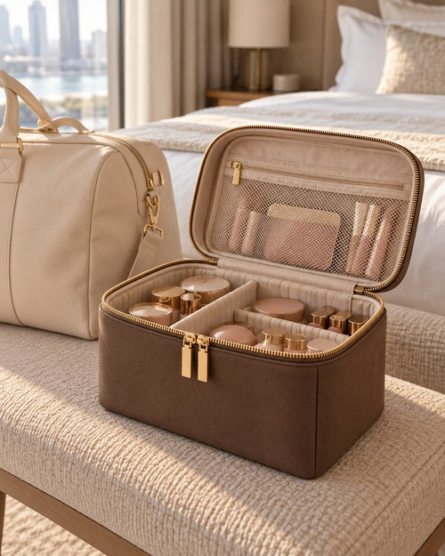 Open mocha train case with dividers and makeup next to a weekend bag