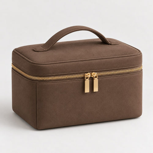 Mocha brown train case with top handle and gold-tone zipper